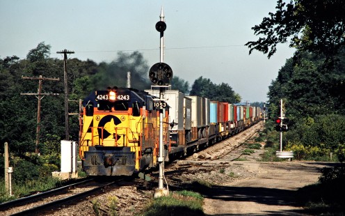 Eastbound Baltimore and Ohio Railroad freight train in Schooleys, Ohio, on September 23, 1979. Photograph by John F. Bjorklund, © 2015, Center for Railroad Photography and Art. Bjorklund-16-12-14