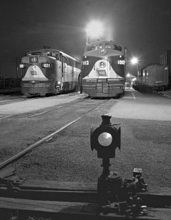 Wabash Railroad diesel locomotives during a lull at Decatur, Illinois, standing ready for their next run on August 23, 1959. Photograph by J. Parker Lamb, © 2015, Center for Railroad Photography and Art. Lamb-01-039-04