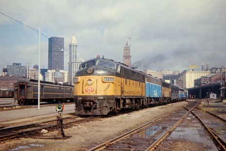Amtrak passenger train with Burlington Northern equipment (former Spokane, Portland and Seattle Railway and Great Northern Railroad) at King St. Station in Seattle, Washington, on September 2, 1971. Photograph by John F. Bjorklund, © 2015, Center for Railroad Photography and Art. Bjorklund-07-07-09