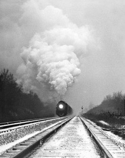 Illinois Central Railroad 4-8-2 steam locomotive no. 2613 leading the southbound Cairo Turn local freight train out of Carbondale, Illinois, on December 28, 1959. Photograph by J. Parker Lamb, © 2015, Center for Railroad Photography and Art. Lamb-01-029-12