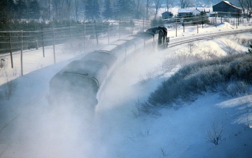 Eastbound Canadian National Railway passenger train in Hyde Park, Ontario, on February 4, 1978. Photograph by John F. Bjorklund, © 2015, Center for Railroad Photography and Art. Bjorklund-20-17-05