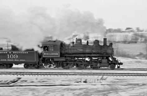 Bevier & Southern Railroad 2-6-0 steam locomotive no. 109 pulling a loaded coal train toward Bevier, Missouri, on December 1, 1958. Photograph by J. Parker Lamb, © 2015, Center for Railroad Photography and Art. Lamb-01-049-04
