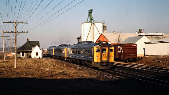 Eastbound VIA Rail passenger train on the Canadian National Railway in Watford, Ontario, on March 7, 1987. Photograph by John F. Bjorklund, © 2015, Center for Railroad Photography and Art. Bjorklund-22-18-07