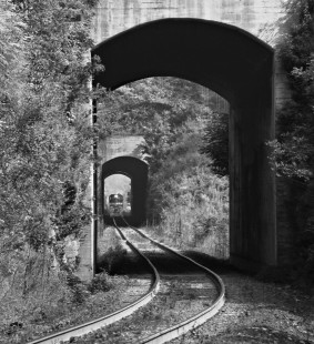 Westbound Southern Railway train enters twin tunnels as it nears Ridgecrest, North Carolina, in October 1974. Photograph by J. Parker Lamb, © 2016, Center for Railroad Photography and Art. Lamb-01-086-04