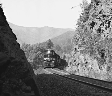 Asheville-bound Southern Railway freight train climbs toward Andrew Loop west of Old Fort, North Carolina, in September 1972. Photograph by J. Parker Lamb, © 2016, Center for Railroad Photography and Art. Lamb-01-084-11
