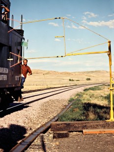 Westbound Burlington Northern Railroad taking orders in Hodges, Montana, on July 10, 1980. Photograph by John F. Bjorklund, © 2015, Center for Railroad Photography and Art. Bjorklund-11-13-20