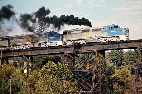 Eastbound Delaware and Hudson Railway passenger excursion train with three PA locomotives in Ninevah, New York, on September 29, 1973. Photograph by John F. Bjorklund, © 2015, Center for Railroad Photography and Art. Bjorklund-18-12-26