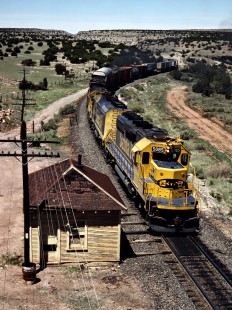Eastbound Santa Fe Railway freight train in Scholle, New Mexico,  on May 6, 1986. Photograph by John F. Bjorklund, © 2015, Center for Railroad Photography and Art. Bjorklund-05-07-15