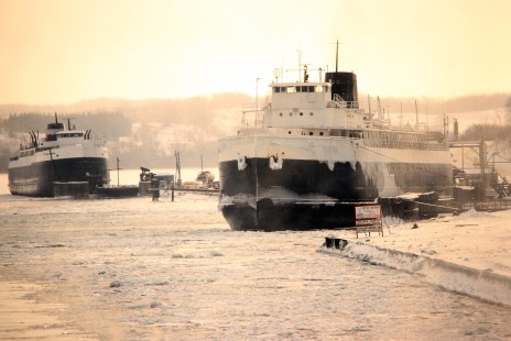 Westbound <i>Viking</i> car ferry in Elberta, Michigan, on March 1, 1980. Photograph by John F. Bjorklund, © 2015, Center for Railroad Photography and Art. Bjorklund-01-29-09