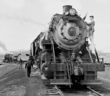 Baltimore and Ohio Railroad 2-8-2 steam locomotive no. 4440 from Dayton, Ohio, has been wyed for return run to Washington Court House yard in November 1955. Photograph by J. Parker Lamb, © 2015, Center for Railroad Photography and Art. Lamb-01-006-05