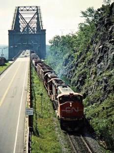 Eastbound Canadian National Railway freight train crossing the St. Lawrence River in Quebec City, Quebec, on August 21, 1986. Photograph by John F. Bjorklund, © 2015, Center for Railroad Photography and Art. Bjorklund-22-10-07