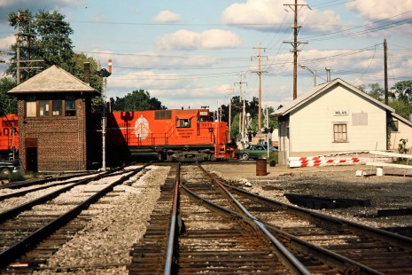 Eastbound Ann Arbor Railroad freight train crossing Norfolk Southern's ex-Wabash line in Milan, Michigan, on September 18, 1982. Photograph by John F. Bjorklund, © 2015, Center for Railroad Photography and Art. Bjorklund-03-28-21