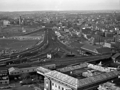 View of Providence, Rhode Island, from the Industrial Trust Company building, some time between 1950 and 1955. Photograph by Leo King, © 2016, Center for Railroad Photography and Art.  King-01-084-001