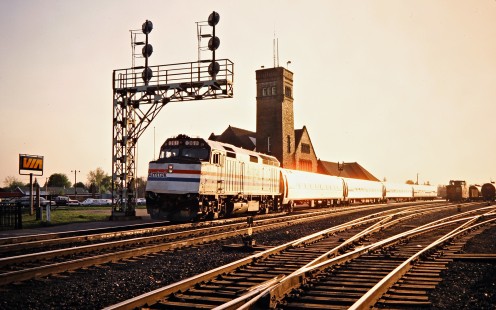 Eastbound Amtrak passenger train on the Canadian National Railway in Brantford, Ontario, on May 9, 1987. Photograph by John F. Bjorklund, © 2015, Center for Railroad Photography and Art. Bjorklund-22-20-13