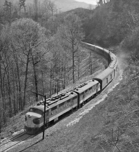 Eastbound Southern Railway <i>Asheville Special</i> passenger train exits tunnel near Ridgecrest summit in western North Carolina, in April 1962. Photograph by J. Parker Lamb, © 2016, Center for Railroad Photography and Art. Lamb-01-082-09