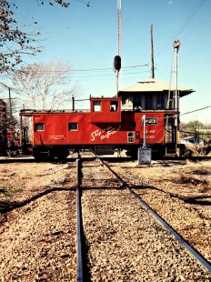 Burlington Northern Railroad caboose in Sherman, Texas, on November 28, 1980. Photograph by John F. Bjorklund, © 2015, Center for Railroad Photography and Art. Bjorklund-12-02-09