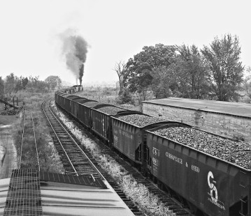 Pennsylvania Railroad Sandusky Branch coal train at Worthington, Ohio, in August 1956. Photography by J. Parker Lamb, © 2015, Center for Railroad Photography and Art. Lamb-01-012-08