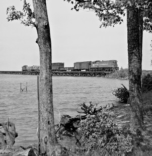 Norfolk Southern Railway local freight train crossing Albemarle Sound at Mackeys, North Carolina, on August 15, 1962. Photograph by J. Parker Lamb, © 2016, Center for Railroad Photography and Art. Lamb-01-087-10