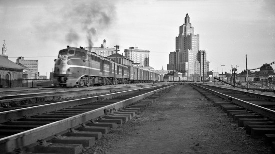 New York, New Haven and Hartford Alco DL-109 leading a freight train past Providence, Rhode Island, in 1954. Photograph by Leo King, © 2016, Center for Railroad Photography and Art. King-07-071-001