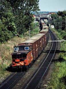 Eastbound Canadian National Railway freight train in Belleville, Ontario, on September 5, 1982. Photograph by John F. Bjorklund, © 2015, Center for Railroad Photography and Art. Bjorklund-21-11-08