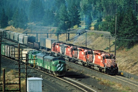 Burlington Northern Railroad freight train passing a Canadian Pacific Railway freight train in Marshall, Washington, on September 1, 1978. Photograph by John F. Bjorklund, © 2015, Center for Railroad Photography and Art. Bjorklund-10-18-17