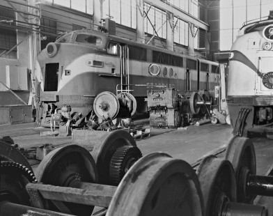 Seaboard Air Line's diesel shop in Hamlet, North Carolina, shows two historic units being prepared for trade-in in coming months in August 1961. Photograph by J. Parker Lamb, © 2016, Center for Railroad Photography and Art. Lamb-01-078-01
