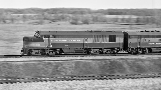 Northbound New York Central train led by 1947 Fairbanks-Morse "Erie-built" no. 5003 leaves Fairborn, Ohio, in the summer of 1956. Photograph by J. Parker Lamb, © 2015, Center for Railroad Photography and Art. Lamb-01-022-06