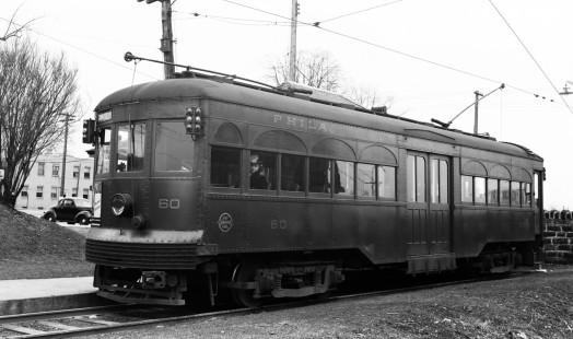 Philadelphia Suburban Transportation Company trolley car no. 60 at Sharon Hill Station in Philadelphia, Pennsylvania, on March 24, 1940. Photograph by Donald W. Furler. Furler-08-032-01; © 2017, Center for Railroad Photography and Art