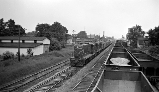 Grand Trunk Western Railroad diesel locomotive no. 1767 at Imlay City, Michigan, circa 1955. Photograph by Robert Haley; Hadley-05-011-01.JPG; © 2017, Center for Railroad Photography and Art
