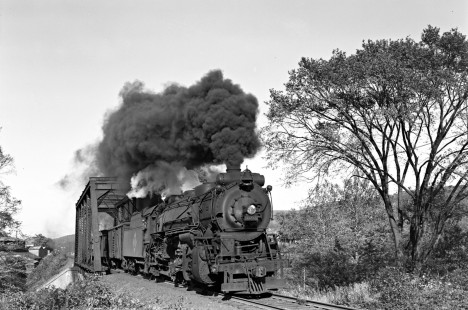 Erie Railroad 2-8-2 steam locomotive no. 3203 leading a short freight train on the Greenwood Lake Branch at Midvale, New Jersey, on October 15, 1950. Photograph by Donald W. Furler, © 2017, Center for Railroad Photography and Art, Furler-20-099-01