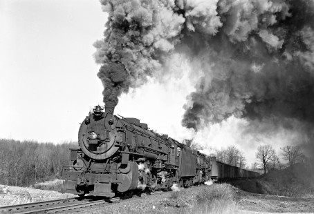 Delaware, Lackawanna and Western Railroad 2-8-2 steam locomotive no. 2115 and Lehigh and Hudson River Railway 2-8-2 no. 83 lead freight train near Andover, New Jersey, on December 6, 1941. Photograph by Donald Furler; Furler-11-120-02.JPG; © 2017, Center for Railroad Photography and Art