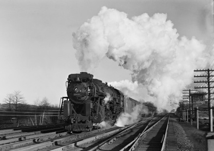 Erie Railroad 4-6-2 steam locomotive no. 2940 pulling eastbound passenger train no. 6, "The Lake Cities," over the Bergen County line in Glen Rock, New Jersey, on January 19, 1946. Ridgewood Junction's interlocking tower is visible to the right. Photograph by Donald W. Furler, © 2017, Center for Railroad Photography and Art, Furler-10-020-02