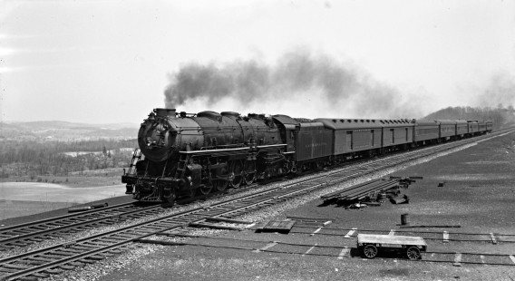 Delaware, Lackawanna and Western Railroad 4-8-4 steam locomotive no. 1503 leads westbound passenger train no. 3, the "Lackawanna Limited," west of Blairstown, New Jersey on April 23, 1939. Photograph by Donald Furler; Furler-07-063-02.JPG; © 2017, Center for Railroad Photography and Art