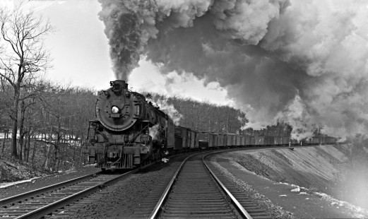 Delaware, Lackawanna and Western Railroad 4-8-4 steam locomotive no. 1613 leads westbound freight train of 39 cars east of Mount Pocono, Pennsylvania on February 4, 1940. Photograph by Donald Furler;  Furler-07-065-01.JPG; © 2017, Center for Railroad Photography and Art