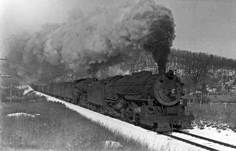 Delaware, Lackwanna and Western Railroad 2-8-2 steam locomotive no. 2117  and Lehigh and Hudson River Railway 2-8-0 no. 91 lead westbound freight train of 47 cars in Waterloo, New Jersey on January 4, 1941. Photograph by Donald Furler; Furler-24-116-04.JPG; © 2017, Center for Railroad Photography and Art