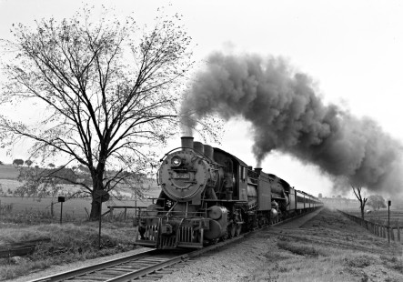 Reading Company 2-8-0 camelback steam locomotive no. 1576, and 4-6-2 no. 178 pulling the annual Catawissa Branch Rail Ramble passenger train westbound on the Catawissa Branch east of Danville, Pennsylvania, on October 19, 1941. Photograph by Donald W. Furler, © 2017, Center for Railroad Photography and Art, Furler-15-063-02
