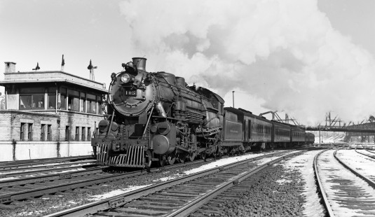 Reading Company 4-6-2 no. 105 pulling westbound passenger train no. 1613 at Jersey City, New Jersey, on February 7, 1940. Photograph by Donald W. Furler, © 2017, Center for Railroad Photography and Art, Furler-08-037-01