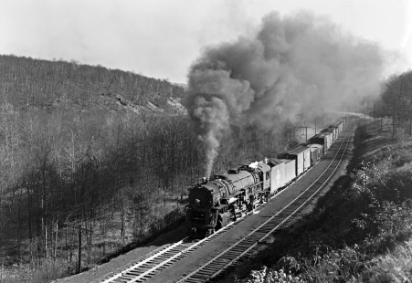 Erie Railroad 2-8-4 steam locomotive no. 3351 with northbound freight train "Ashley 91" at Forest City, Pennsylvania, on October 21, 1950. Photograph by Donald W. Furler, © 2017, Center for Railroad Photography and Art, Furler-11-015-01
