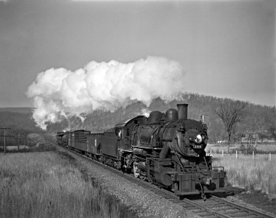 Delaware, Lackawanna and Western Railroad steam locomotive  no. 364 hauls local freight train near Waterloo, New Jersey, in 1941. Photograph by Donald Furler. Furler-03-010-01.JPG; © 2017, Center for Railroad Photography and Art