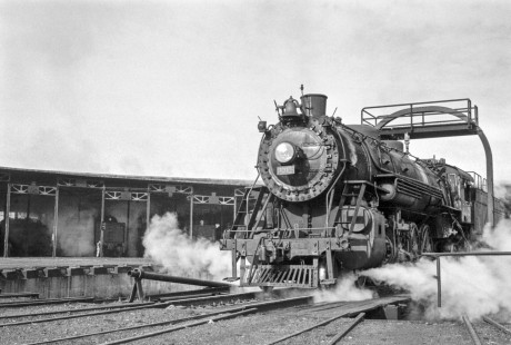 National Railways of Mexico 4-8-2 steam locomotive  no. 3315 at standard gauge round house and locomotive service area in Tlalnepantla de Baz, in the state of Mexico, Mexico circa 1960. Rose-01-212-23; Photograph by Ted Rose, © 2018, Center for Railroad Photography and Art