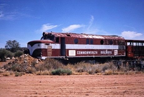An abandoned Commonwealth Railways diesel locomotive sits along the track in Alice Springs, Northern Territory, Australia, on April 3, 1998. Commonwealth Railways was founded in 1917, merged with Australian National in 1975, and was privatized as Great Southern Rail in 1997. Photograph by Fred M. Springer, © 2014, Center for Railroad Photography and Art. Springer-Australia-07-28