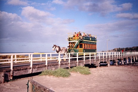 A horse-drawn tram moves along on the causeway in Victor Harbor, South Australia/Victoria, Australia, on April 15, 2003.  Photograph by Fred M. Springer, © 2014, Center for Railroad Photography and Art. Springer-Australia-NZ(2)-06-19