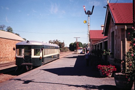 SteamRanger Tourist Railway passenger car at Strathalbyn station as it operates over the former Victor Harbor Railway (originally used to move load-unload ocean-going freight) in Strathalbyn, South Australia, Australia, on April 20, 2003. Photograph by Fred M. Springer, © 2014, Center for Railroad Photography and Art. Springer-Australia-NZ(2)-11-06
