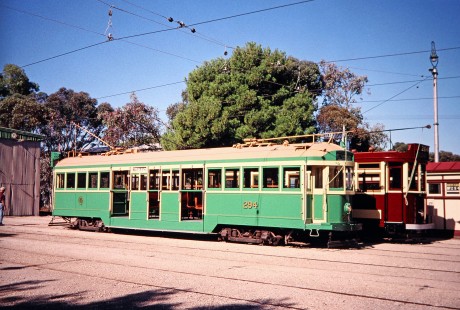 Two City Circle electric trams (operated by Melbourne's Yarra Tramsz in St Kilda, a suburb of Melbourne Australia. on April 16, 2003. Photograph by Fred M. Springer, © 2014, Center for Railroad Photography and Art. Springer-Australia-NZ(2)-06-04