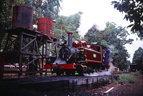 Puffing Billy Railway steam locomotive no. 14A moves along the 2-ft 6-inch narrow gauge heritage railway in the Dandenong Ranges of Melbourne, Victoria, Australia, on April 5, 1997. Photograph by Fred M. Springer, © 2014, Center for Railroad Photography and Art. Springer-Australia-UK-12-02