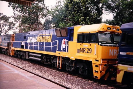 Pacific National diesel locomotive no. NR29 awaits instructions in Port Augusta, South Australia, Australia, on April 12, 2003.  Photograph by Fred M. Springer, © 2014, Center for Railroad Photography and Art. Springer-Australia-NZ(2)-01-19