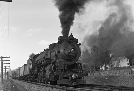 Erie Railroad 2-8-2 steam locomotive no. 3203 with a "pick-up" freight train at Goshen, New York, on May 19, 1946. Photograph by Donald W. Furler, © 2017, Center for Railroad Photography and Art, Furler-10-064-02