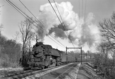Delaware, Lackawanna, and Western Railroad 4-8-4 steam locomotive no. 1644 leads westbound passenger train no. 3, the"Lackawanna Limited," in Summit, New Jersey, on November 28, 1946. Photograph by Donald Furler; Furler-11-119-02.JPG; © 2017, Center for Railroad Photography and Art