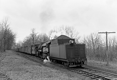 Reading Company 2-8-2 steam locomotive no. 1749 pushing an eastbound freight train likely on the Catawissa Branch near Ringtown, Pennsylvania, on April 3, 1949. F3 diesel locomotive no. 261 was pulling this train; see Furler-19-019-02. Photograph by Donald W. Furler, © 2017, Center for Railroad Photography and Art, Furler-19-020-01