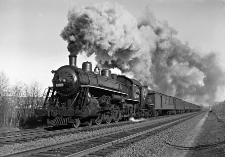 Erie Railroad 4-6-2 steam locomotive no. 2515 pulling a passenger train east of Harristown Road crossing on the Bergen County line in Glen Rock, New Jersey, in 1941. Photograph by Donald W. Furler, © 2017, Center for Railroad Photography and Art, Furler-10-098-02